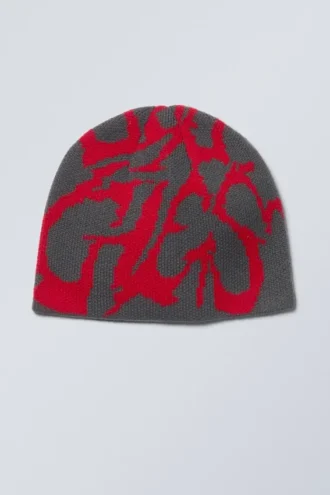 Jacquard-Strickmütze – Dunkelgrau/Leuchtend rotes Jacquard