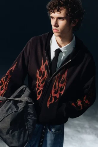 Kapuzenpullover mit Print und Reißverschluss – Schwarz – Worn-Out Flame Kapuzenpullover mit Print und Reißverschluss – Schwarz – Worn-Out Flame