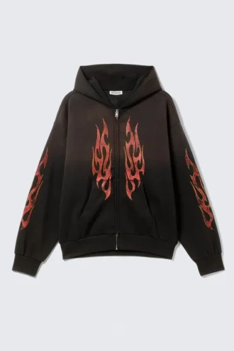Kapuzenpullover mit Print und Reißverschluss – Schwarz – Worn-Out Flame Kapuzenpullover mit Print und Reißverschluss – Schwarz – Worn-Out Flame