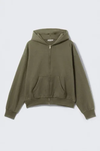 Kapuzenpullover mit Reißverschluss in lockerer Passform – gewaschen, dunkelgrün Kapuzenpullover mit Reißverschluss in lockerer Passform – gewaschen, dunkelgrün