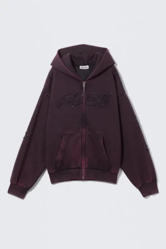 Kapuzenpullover mit Reißverschluss und Print – Burgunderrot