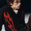 Kastenförmige Strickjacke mit Print – Schwarz – Rote Flammen Kastenförmige Strickjacke mit Print – Schwarz – Rote Flammen
