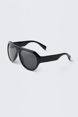 Klobige Unisex-Sonnenbrille im Pilotenstil – Schwarz – Schwarze Gläser