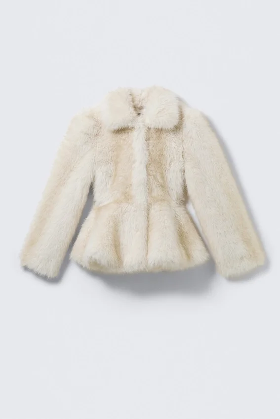 Kunstfell-Peplum-Jacke – Off-White Kunstfell-Peplum-Jacke – Off-White