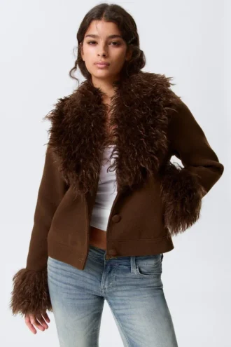 Kurze Jacke mit Kunstfellbesatz – Dunkelbraun