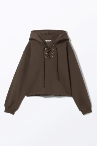 Kurzer Kapuzenpullover mit Schnürung – Dunkelbraun