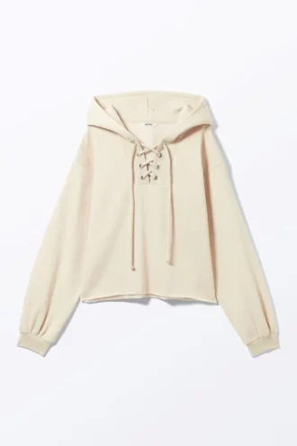 Kurzer Kapuzenpullover mit Schnürung – Hellbeige