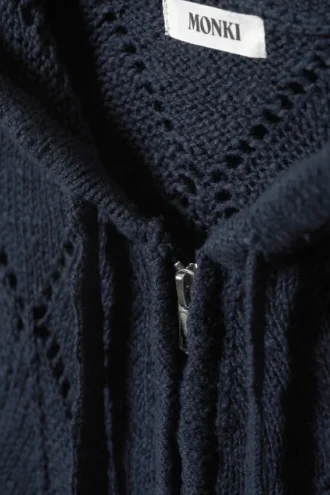 Kurzer Pointelle-Strick-Kapuzenpullover mit Reißverschluss – Dunkelblau