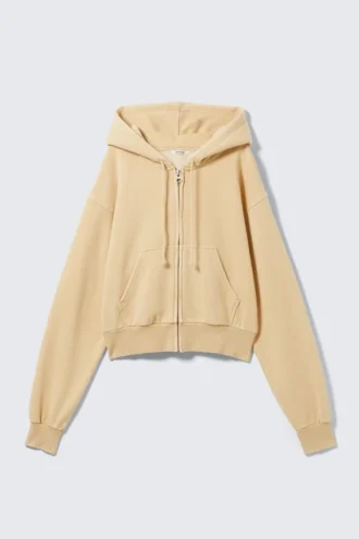 Kurzer Zip-Kapuzenpullover – gewaschen, hellbeige