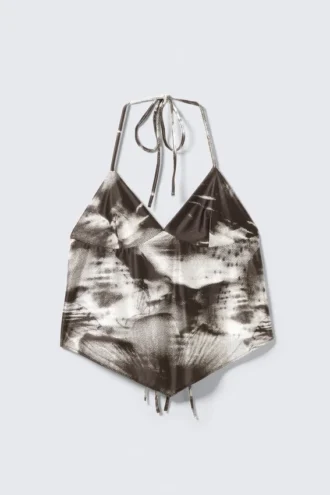 Kurzes bedrucktes Neckholder-Top – Braun – Abstrakte Blumenmuster