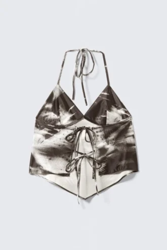 Kurzes bedrucktes Neckholder-Top – Braun – Abstrakte Blumenmuster