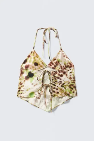 Kurzes bedrucktes Neckholder-Top – braune und grüne Blumenpunkte