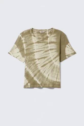 Kurzes bedrucktes T-Shirt aus gerippter Baumwolle – Khaki-Grün, Tie-Dye