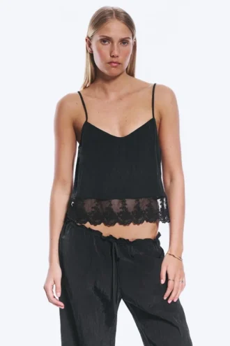 Kurzes Top mit Spitzenbesatz – Schwarz