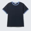 Kurzärmeliges Baumwoll-T-Shirt mit Kontrastbesatz – Dunkelblau – Hellblauer Rand Kurzärmeliges Baumwoll-T-Shirt mit Kontrastbesatz – Dunkelblau – Hellblauer Rand