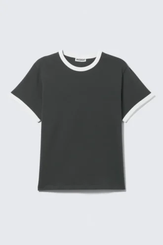 Kurzärmeliges Baumwoll-T-Shirt mit Kontrastbesatz – Dunkelgrau & Weiß