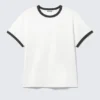 Kurzärmeliges Baumwoll-T-Shirt mit Kontrastbesatz – Weiß – Schwarzer Saum Kurzärmeliges Baumwoll-T-Shirt mit Kontrastbesatz – Weiß – Schwarzer Saum