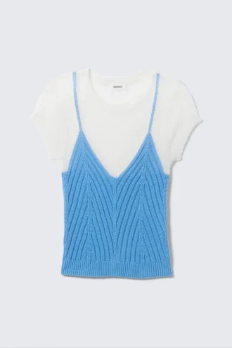 Kurzärmeliges, gestricktes Lagen-Oberteil – Weiß & Blau