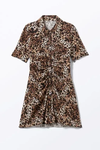 Kurzärmeliges Mini-Hemd-Kleid – Leopardenmuster