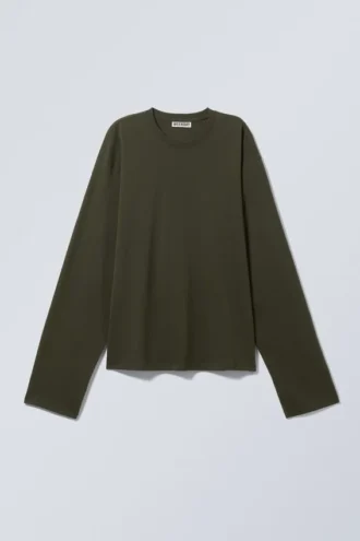 Langarm-Kastenförmiges Baumwoll-T-Shirt – Dunkelkhaki