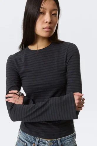 Langarmshirt aus Baumwolle – gestreift, dunkelblau