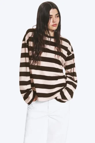 Langarmshirt aus Baumwolle – gestreift, dunkelbraun/staubrosa