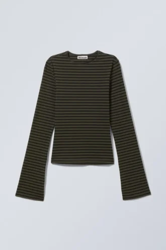 Langarmshirt aus Baumwolle – gestreift, dunkelkhaki-grün