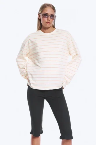 Langarmshirt aus Baumwolle – Hellbeige – Orangefarbene Streifen