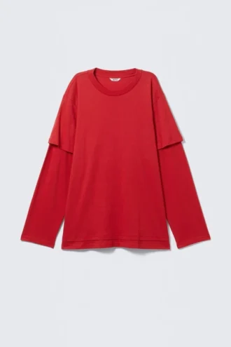 Langarmshirt aus Baumwolle im Lagenlook – Leuchtend rot