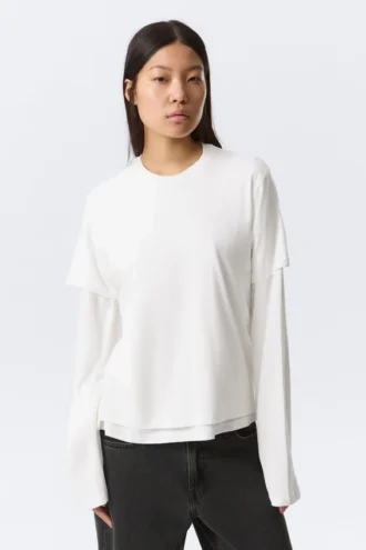 Langarmshirt aus Baumwolle im Lagenlook – Weiß