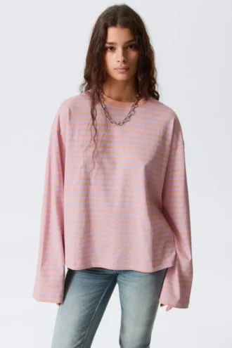 Langarmshirt aus Baumwolle – Korallen-/Fliederstreifen