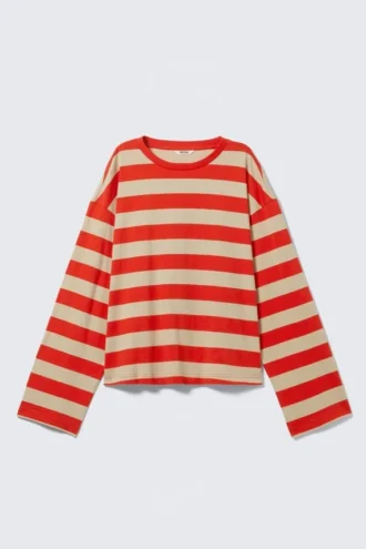 Langarmshirt aus Baumwolle – Leuchtend rote & beige Streifen