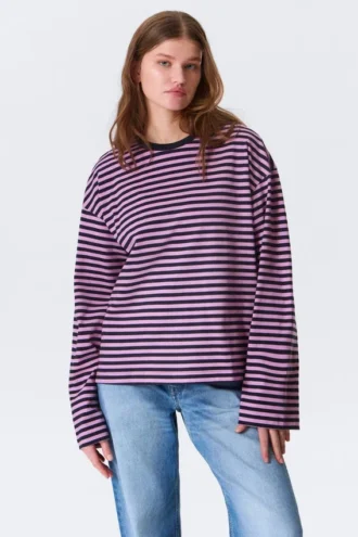 Langarmshirt aus Baumwolle – Marineblau/Rosa Streifen