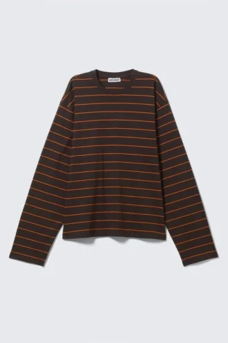 Langarmshirt aus Baumwolle mit kastenförmigem Schnitt – gestreift, dunkelbraun