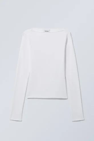 Langarmshirt aus Baumwolle mit U-Boot-Ausschnitt – Weiß