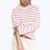 Langarmshirt aus Baumwolle – Weiß – Rosa/rote Streifen Langarmshirt aus Baumwolle – Weiß – Rosa/rote Streifen