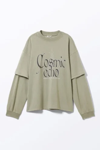 Langarmshirt, doppellagiges Oversize-T-Shirt – Hellkhaki – Cosmic Echo