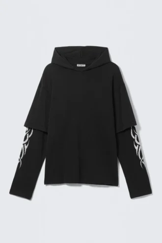 Langarmshirt, doppellagiges Oversize-T-Shirt – Schwarz – Weiß Tribal