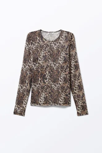 Langarmshirt mit bedrucktem Mesh-Oberteil – Leopardenmuster