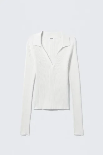Langarmshirt mit geripptem Strick-Ausschnitt – Weiß