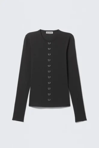 Langarmshirt mit Lochmuster – Schwarz