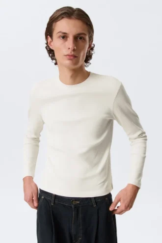 Langarmshirt mit Rippstrick – Dusty White