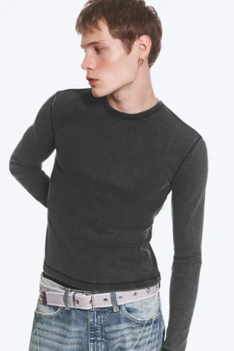 Langarmshirt mit Rippstrick – gewaschen, schwarz