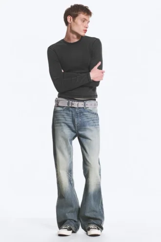 Langarmshirt mit Rippstrick – gewaschen, schwarz