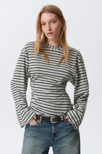 Langarmshirt mit Rüschen – gestreift, grau meliert