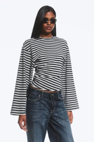 Langarmshirt mit Rüschen – Schwarz/Grau gestreift