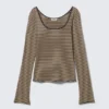 Langarmshirt mit schmalem Schnitt und U-Ausschnitt – beige/schwarz gestreift