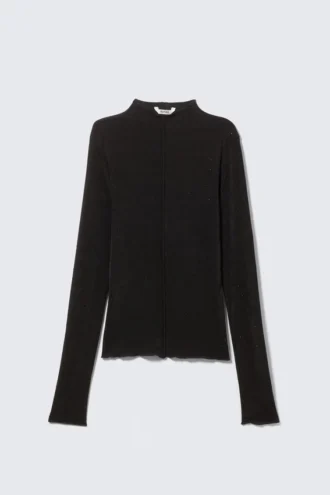 Langarmshirt mit Stehkragen und Strasssteinen – Schwarz – Strasssteine
