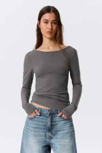 Langarmshirt mit tiefem Rückenausschnitt – Grau