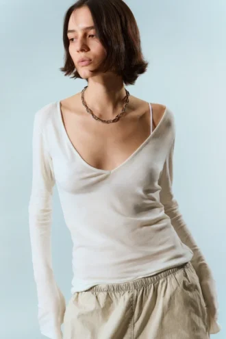 Langarmshirt mit tiefem V-Ausschnitt – Weiß Langarmshirt mit tiefem V-Ausschnitt – Weiß